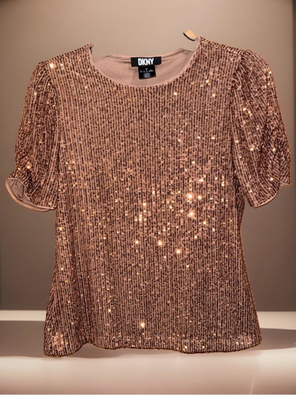 DKNY Women’s Bronzy Brown Sequin Short Sleeve Top-S-EC